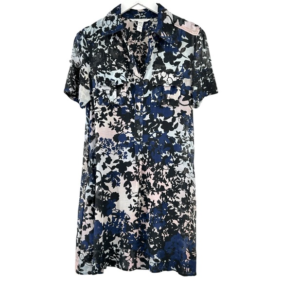DVF Diane Von Furstenberg Blue Black Sheer Floral Silk Mini Shirt Dress & Liner DVF Diane Von Furstenberg Blue Black Sheer Floral Silk Mini Shirt Dress & Liner